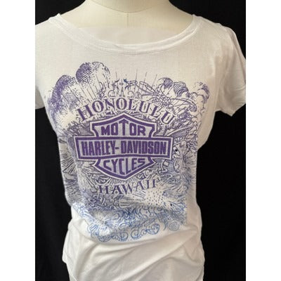 Women’s Harley Davidson Fitted Scoop Neck White Colored Graphic T Shirt Sz L