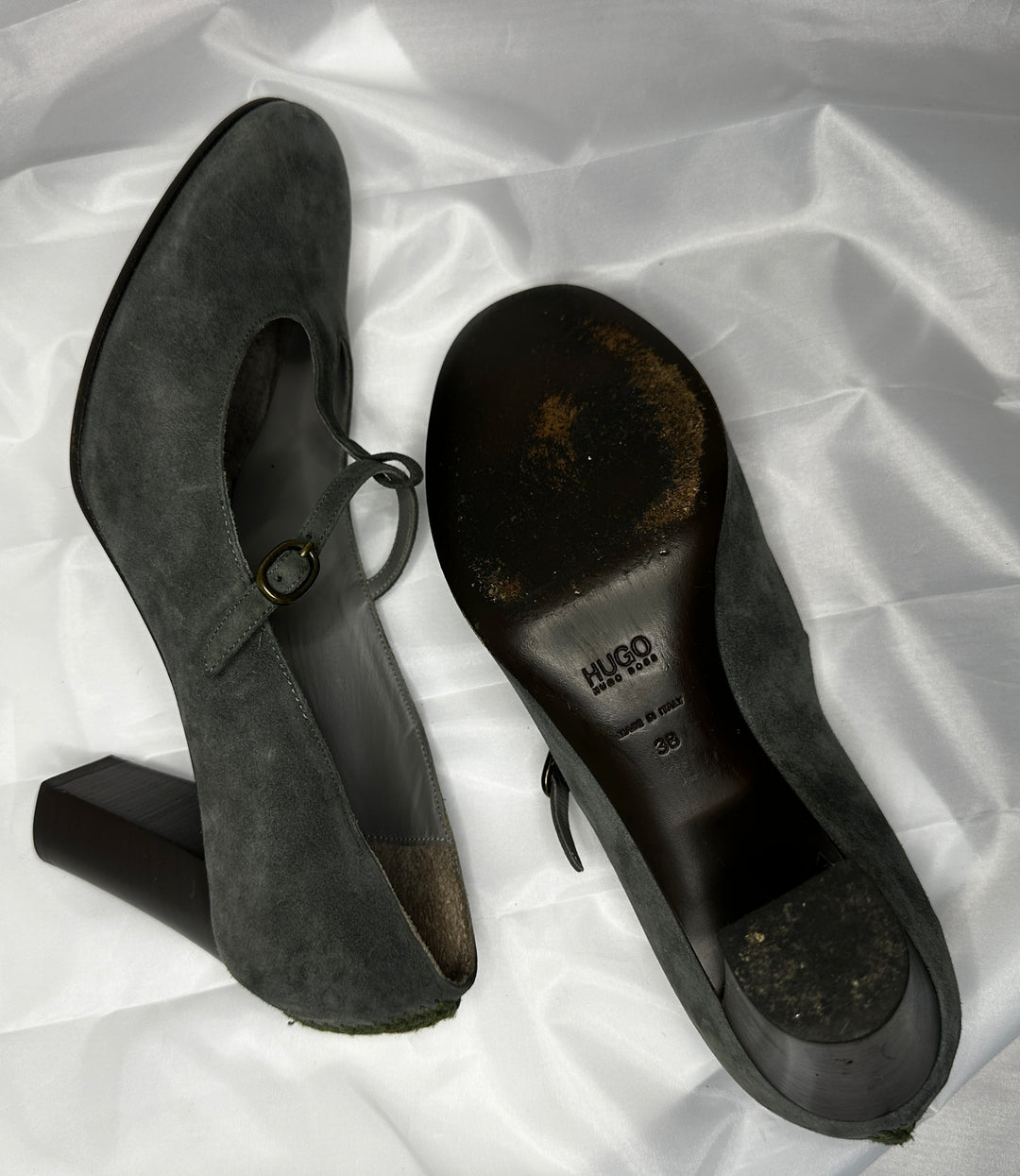 Hugo Boss Taupe Suede Mary Jane Block Heels