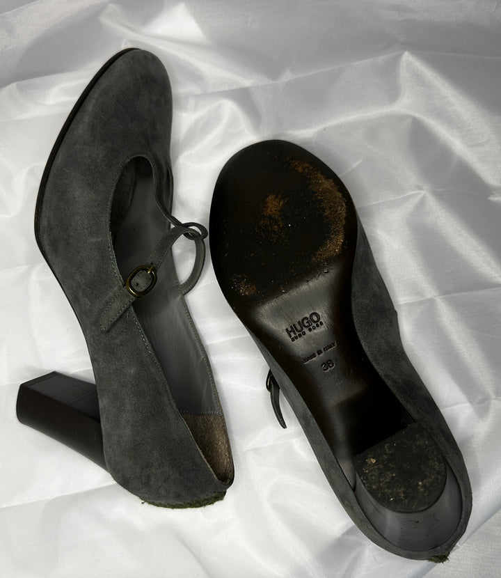 Hugo Boss Taupe Suede Mary Jane Block Heels