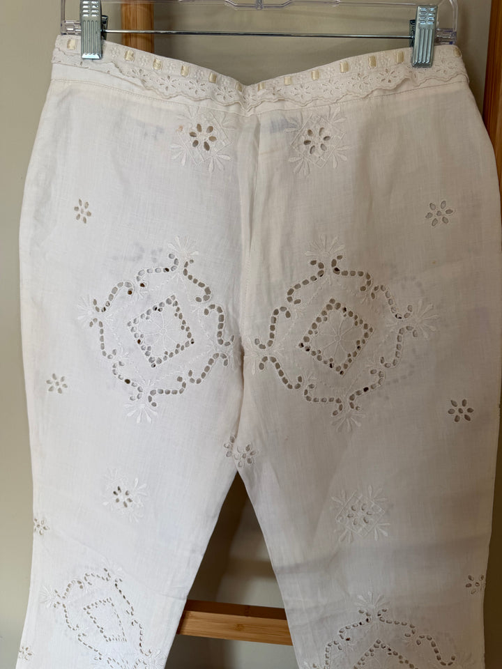 Vintage Moschino White Linen Eyelet Embroidered Pants Trousers