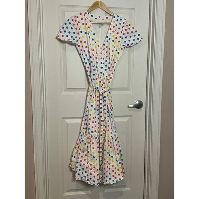Colorful Polka Dot Dress With Short Sleeves & Tie Belt